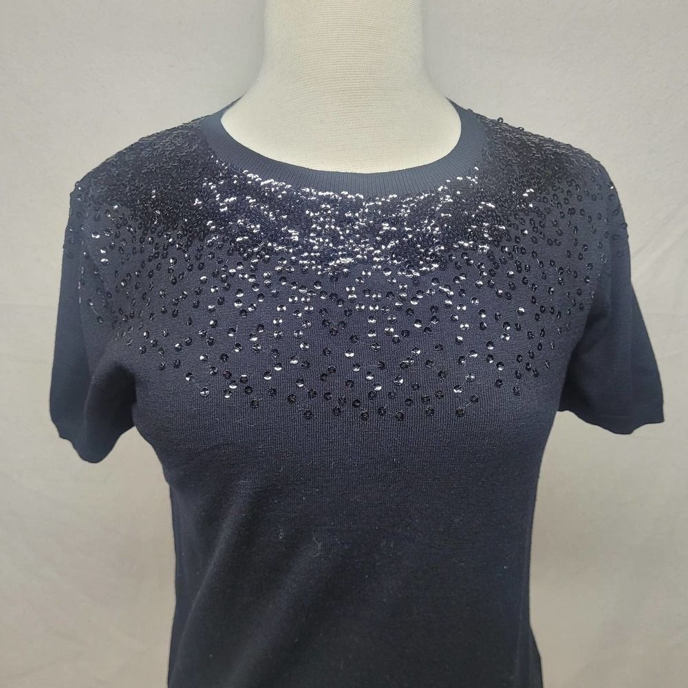 NWT Zara Knit Black Short Sleeve Sweater with Sequins Size Large - Picture 3 of 8